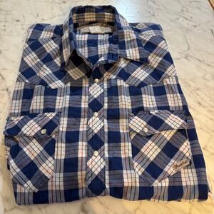 Wrancher by Wrangler Mens XLT Blue Plaid Pearl Snap Western Shirt Short Sleeve